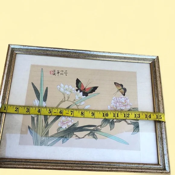 VTG Chinese Silk Watercolor Painting Asian Antique Butterflies Flower Art Framed